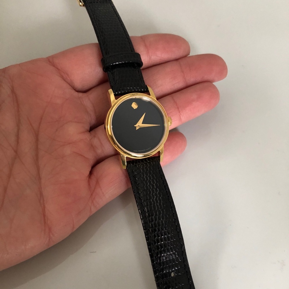 Movado Watch, Black and Gold with Leather Strap